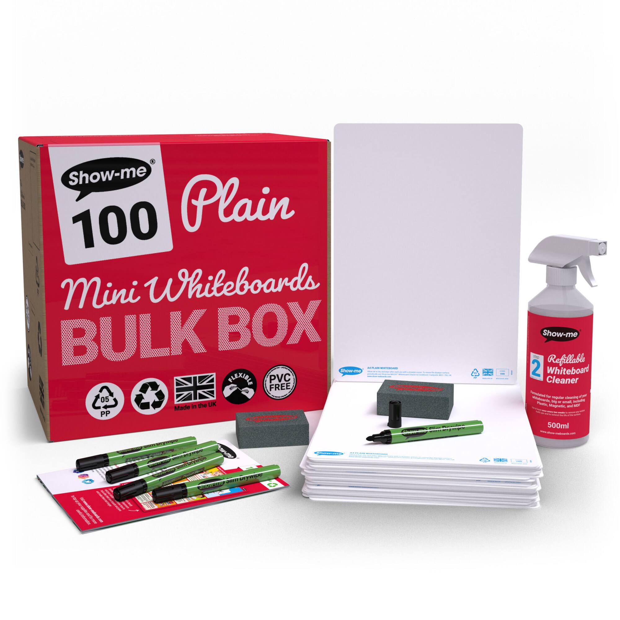 Show-me® A4 Plain Whiteboards Bulk Box Set